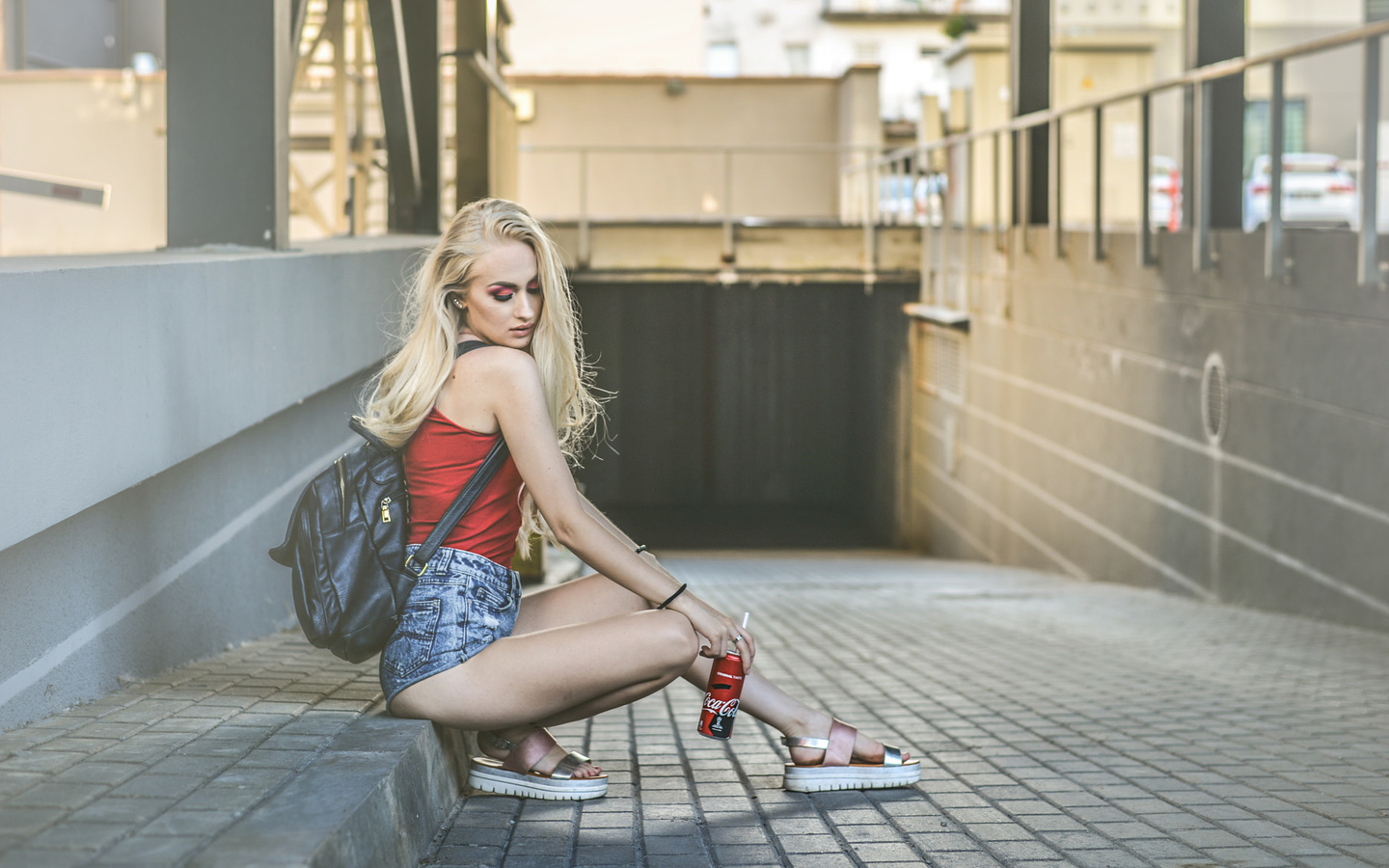 women, blonde, ass, brunette, sitting, handbags, sandals, jean shorts, coca-cola