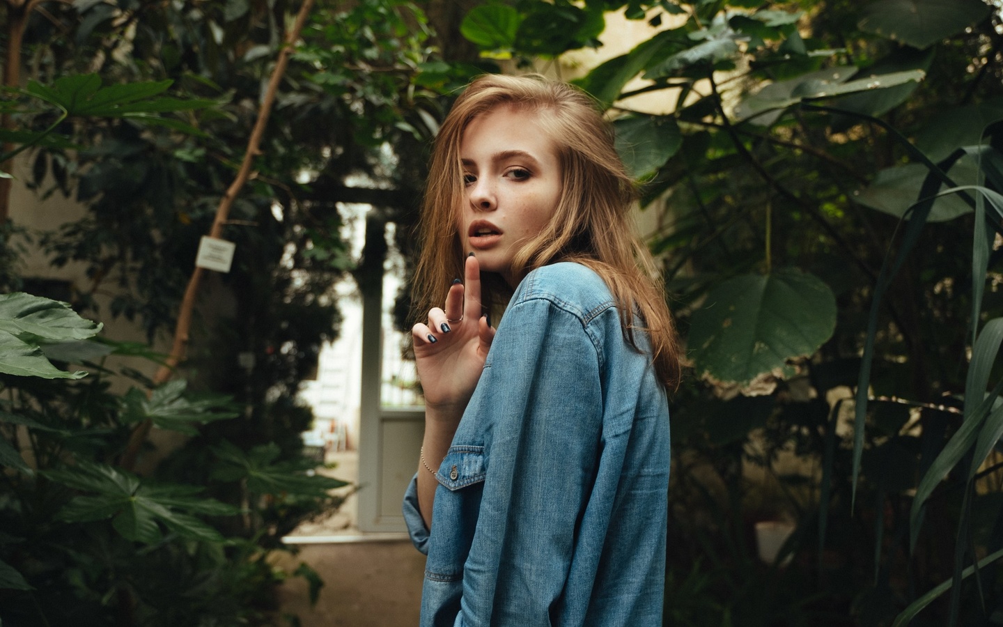 women, face, portrait, women outdoors, denim shirt, painted nails