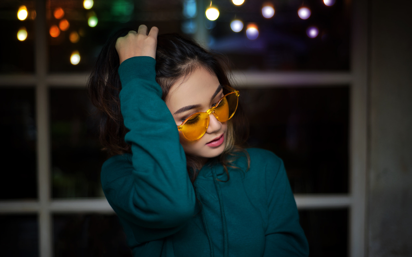 women, asian, sweater, portrait, women with glasses, lipstick, window, kaseng