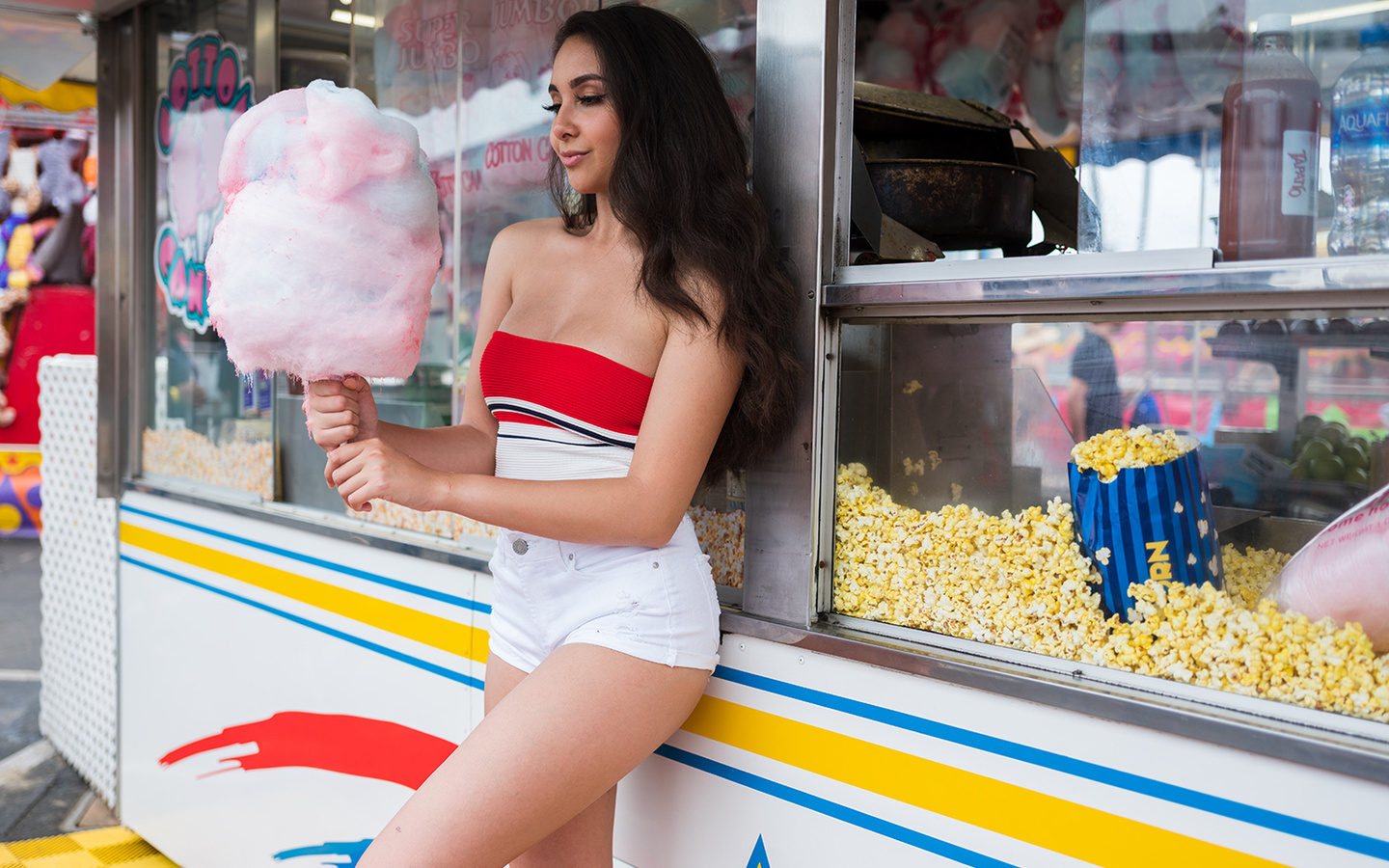 women, portrait, cotton candy, jean shorts, brunette, bare shoulders, fair