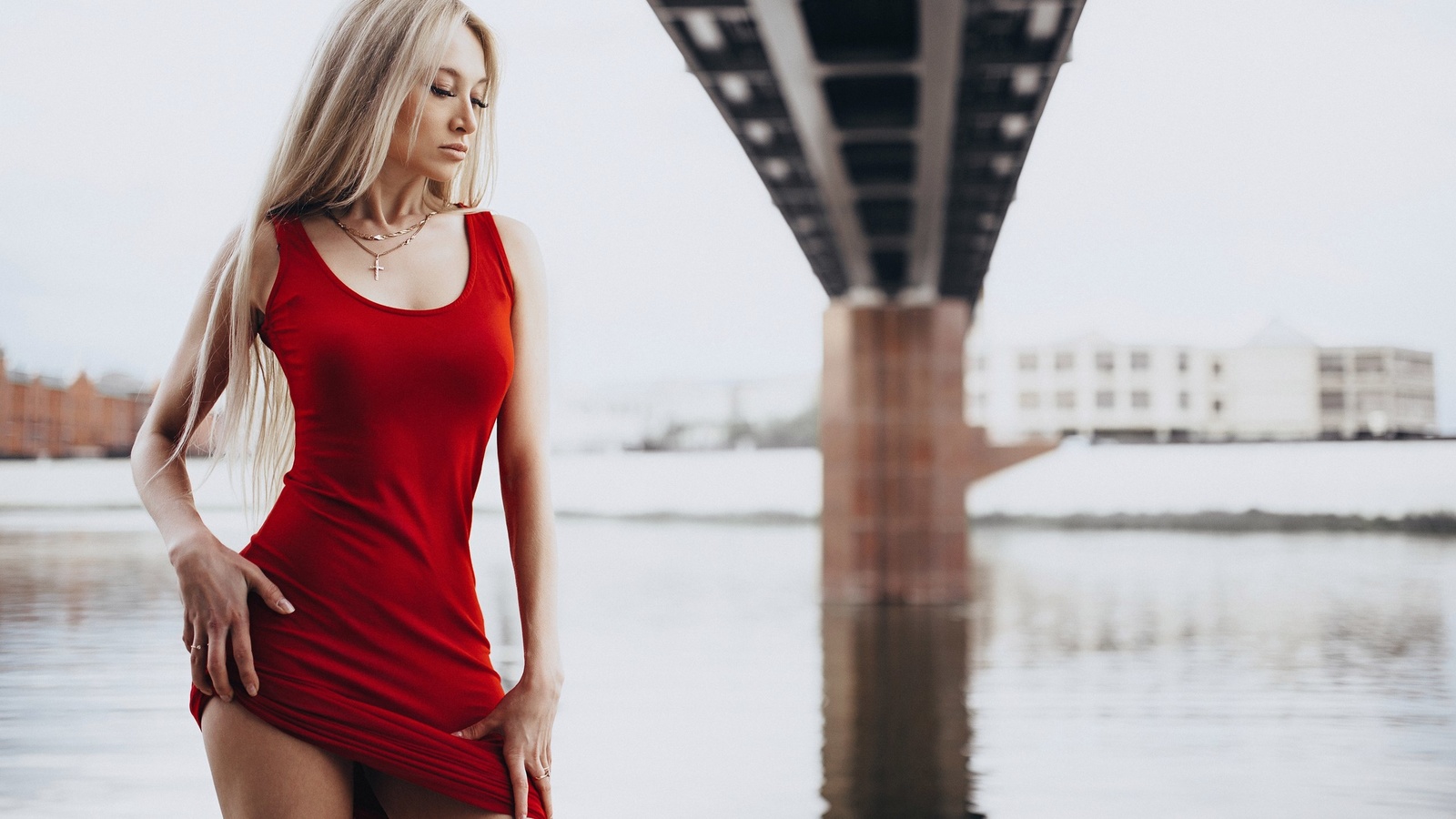 women, blonde, portrait, necklace, river, bridge, long hair, women outdoors, red dress