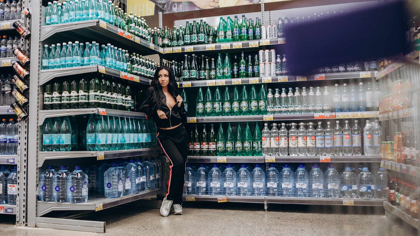 women, tanned, super market, no bra, sportswear, sneakers, sweater, boobs, bottles, pink nails,  ,aleksandr semanin