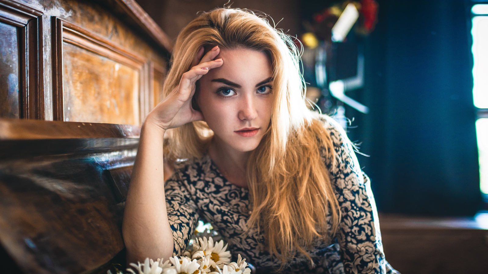 women, blonde, flowers, blue eyes, portrait, face