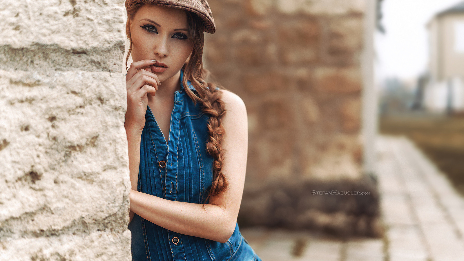 women, portrait, denim, finger on lips, depth of field