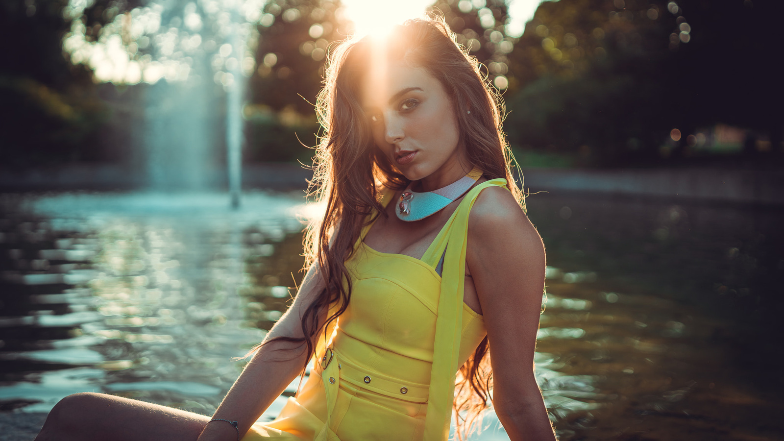 women, blonde, water, bokeh, portrait, yellow dress, women outdoors, long hair, marco squassina