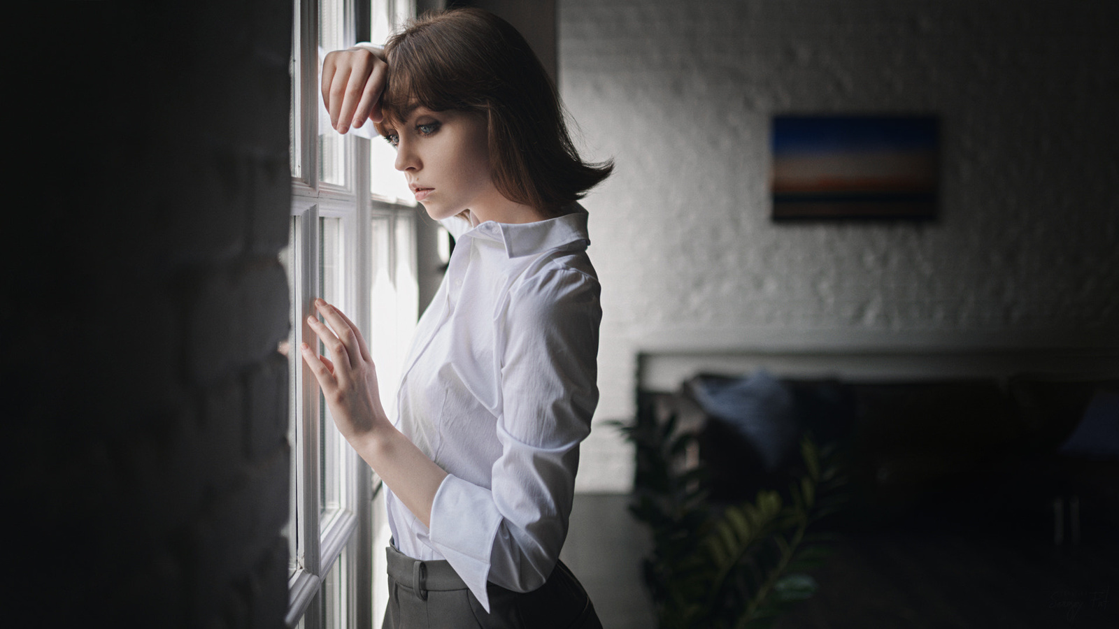 women, olya pushkina, white shirt, portrait, sergey fat