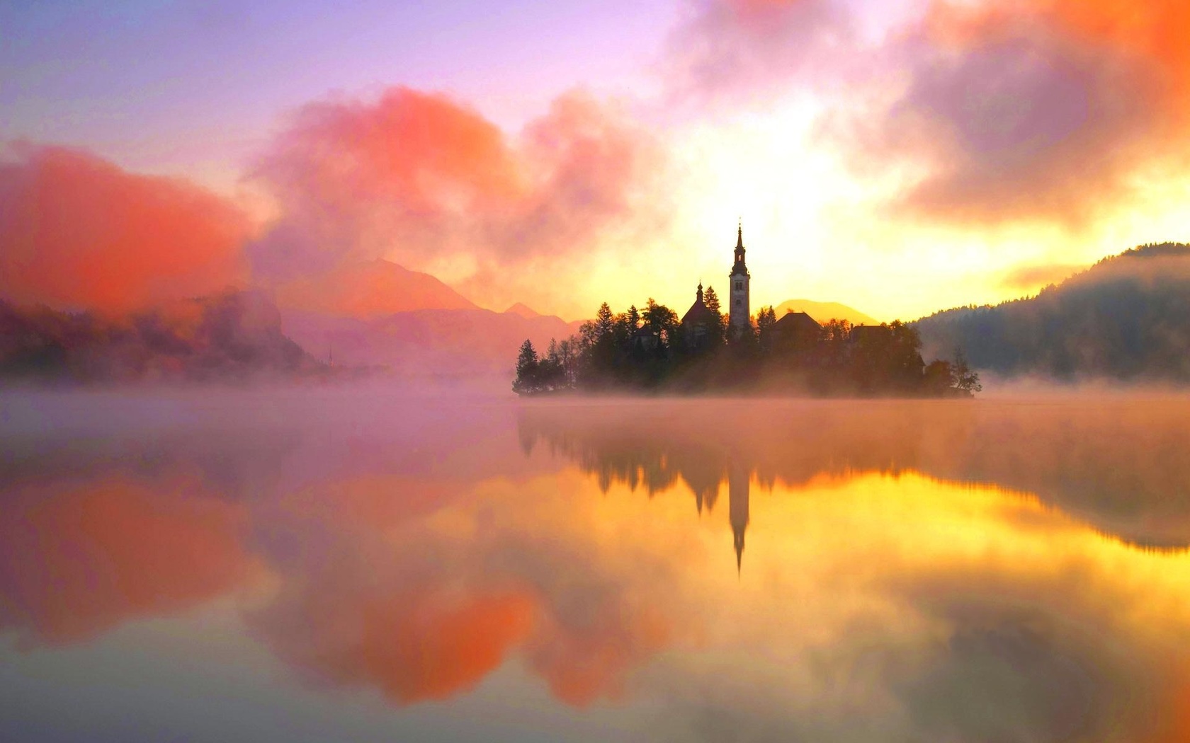 beauty, island, nature, fog, heat, lake, water, tower, lake bled, orange