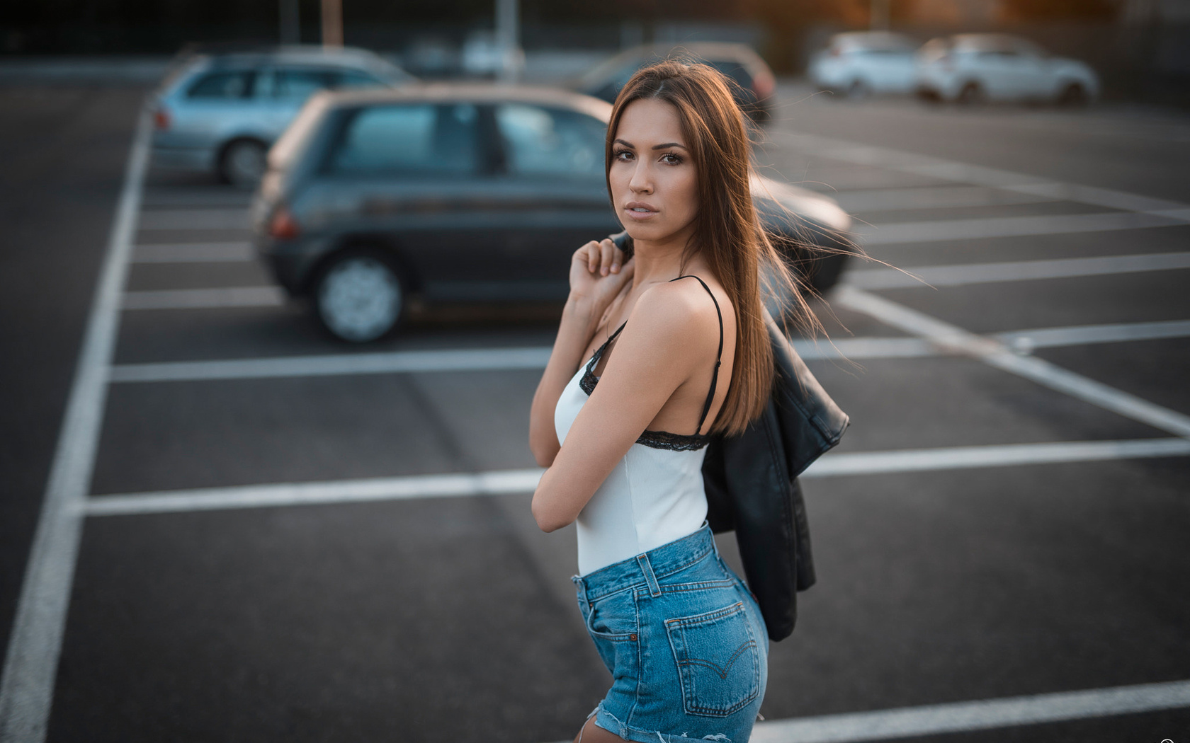 women, portrait, jean shorts, car, women outdoors, parking, brunette, leather jackets