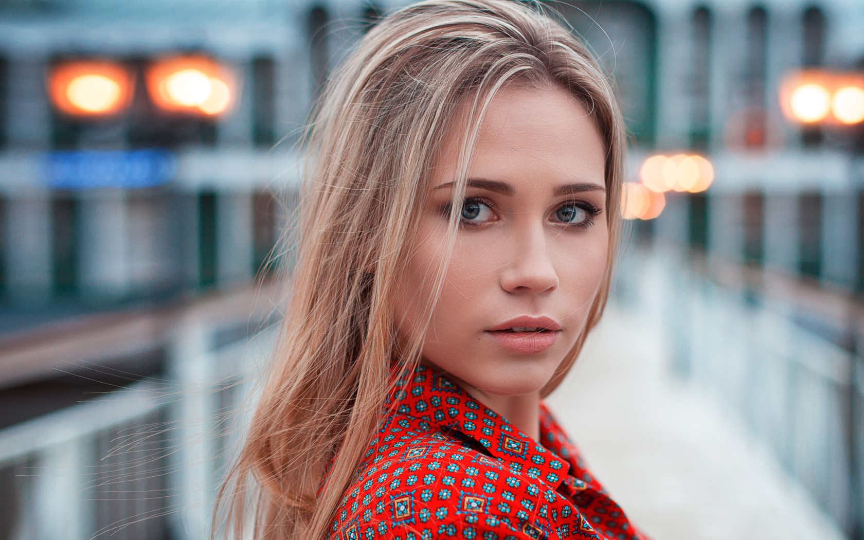 women, blonde, face, portrait, depth of field, pink lipstick