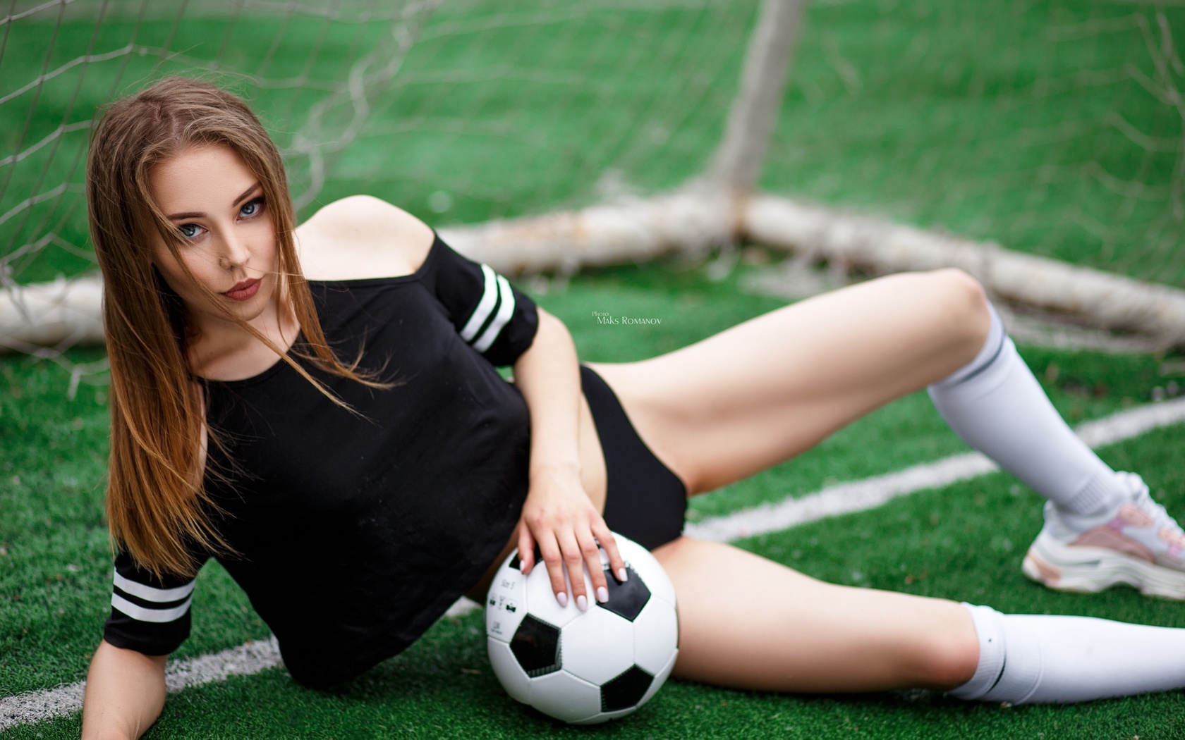 women, maksim romanov, ball, portrait, thong, sportswear, brunette, synthetic grass, sneakers, bare shoulders, white stockings, painted nails