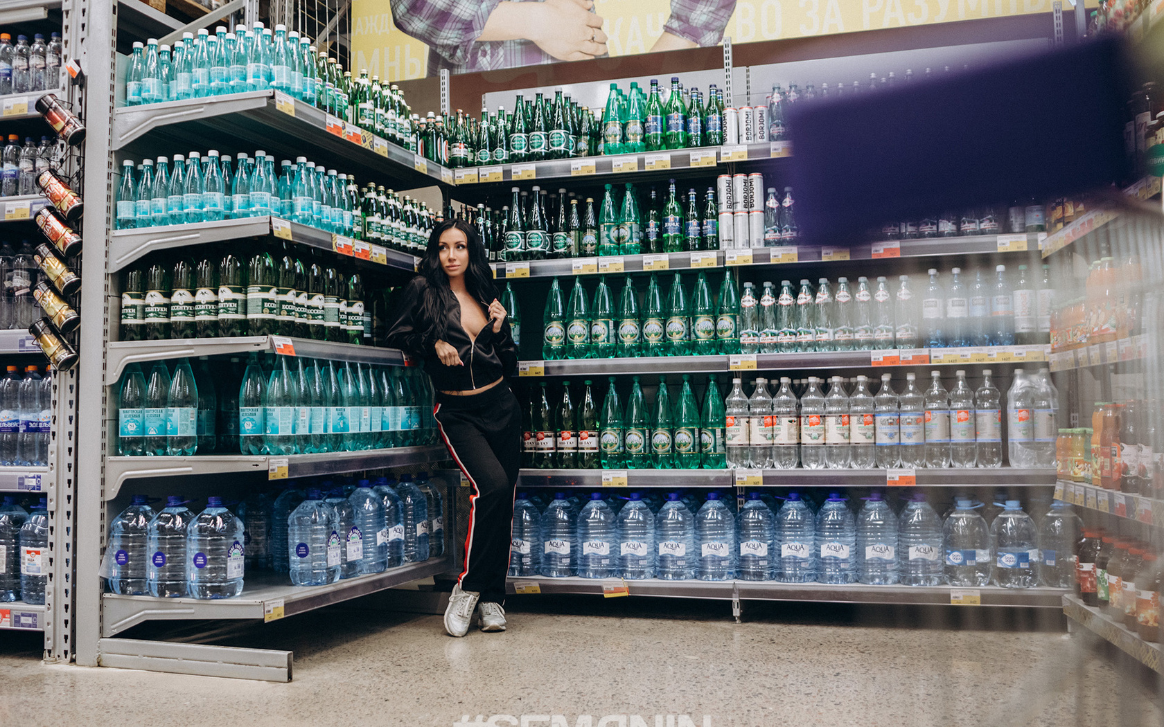 women, tanned, super market, no bra, sportswear, sneakers, sweater, boobs, bottles, pink nails,  ,aleksandr semanin