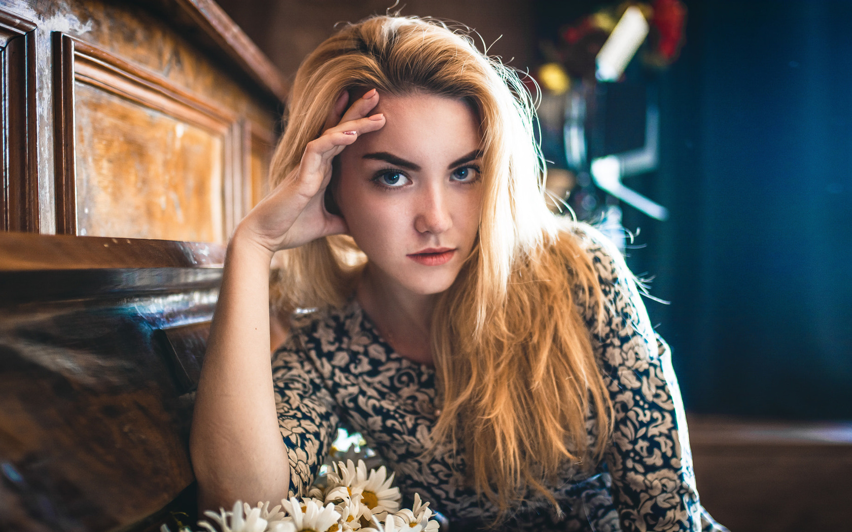 women, blonde, flowers, blue eyes, portrait, face