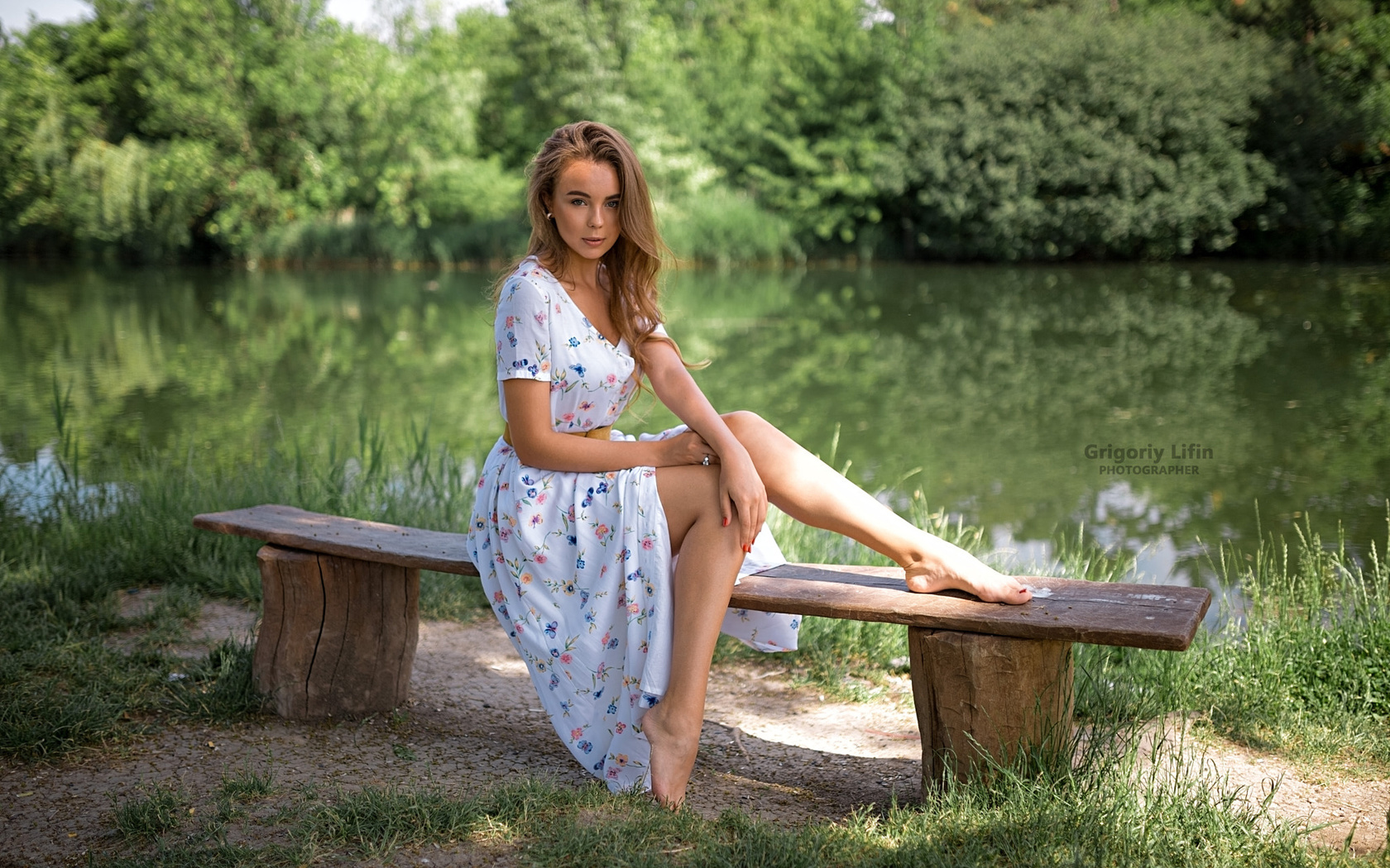 women, grigoriy lifin, brunette, sitting, bench, dress, red nails, women outdoors, water, portrait, 