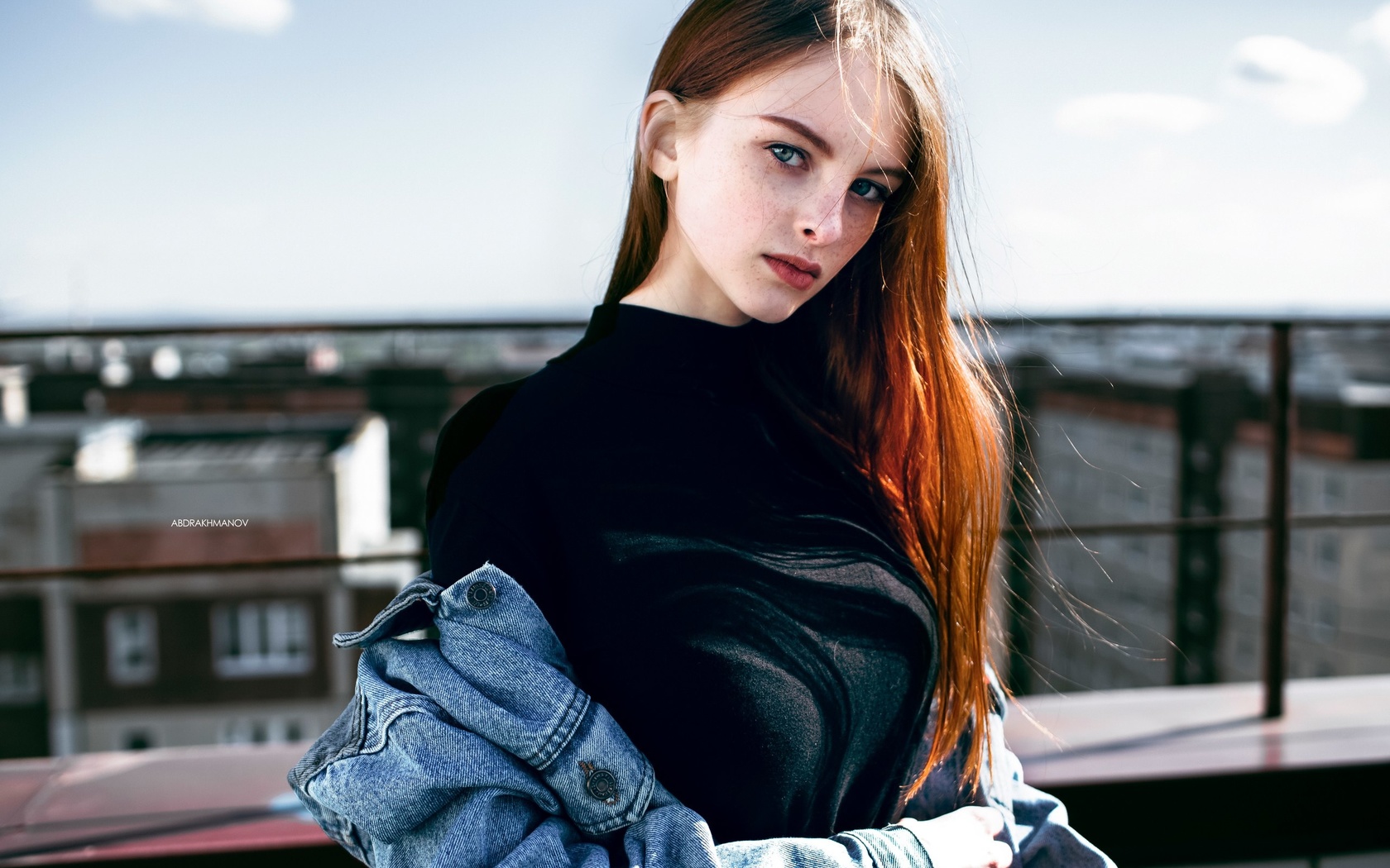 women, face, portrait, denim shirt, freckles, rooftops, women outdoors, depth of field, lenar abdrakhmanov