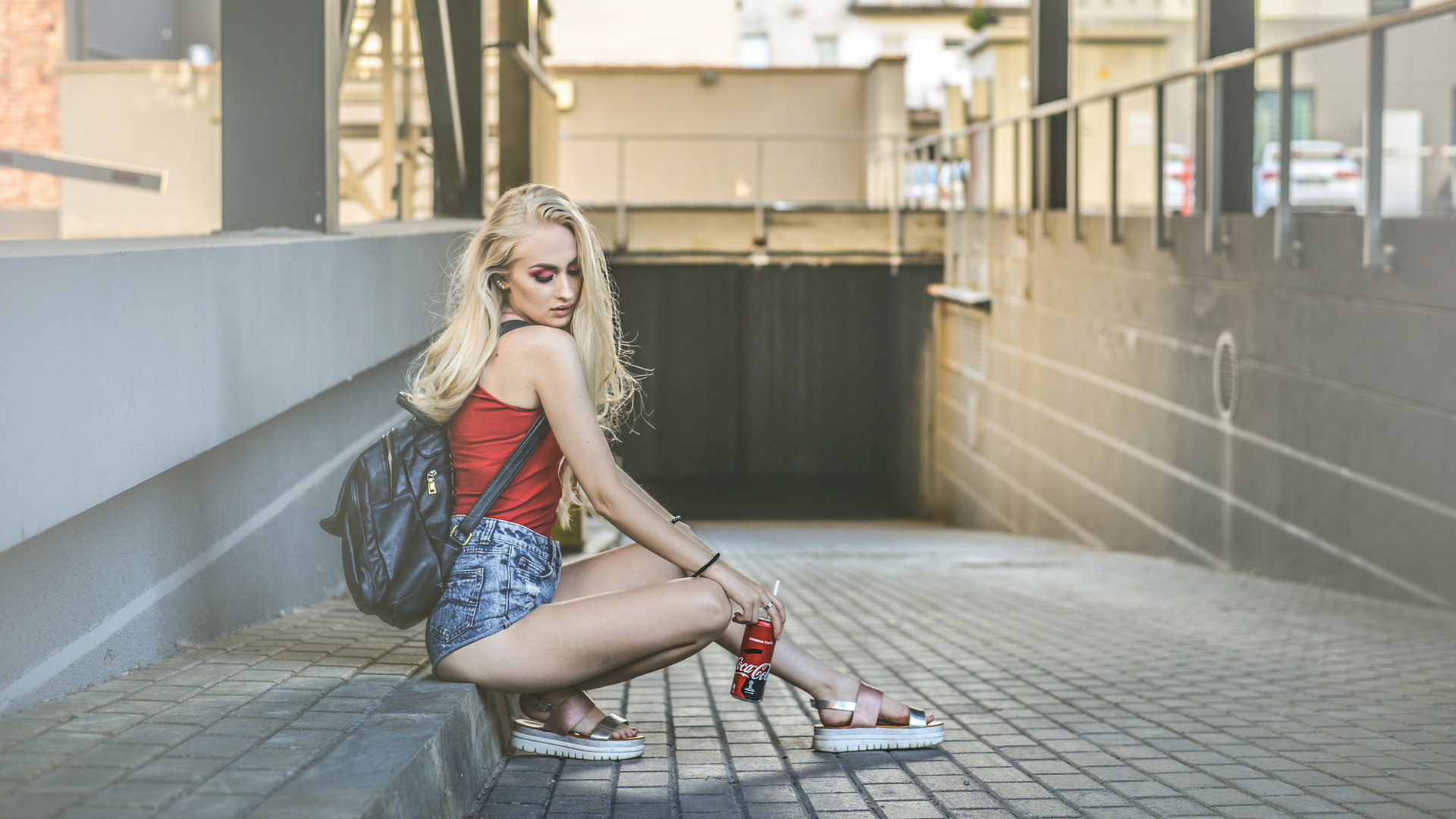 women, blonde, ass, brunette, sitting, handbags, sandals, jean shorts, coca-cola