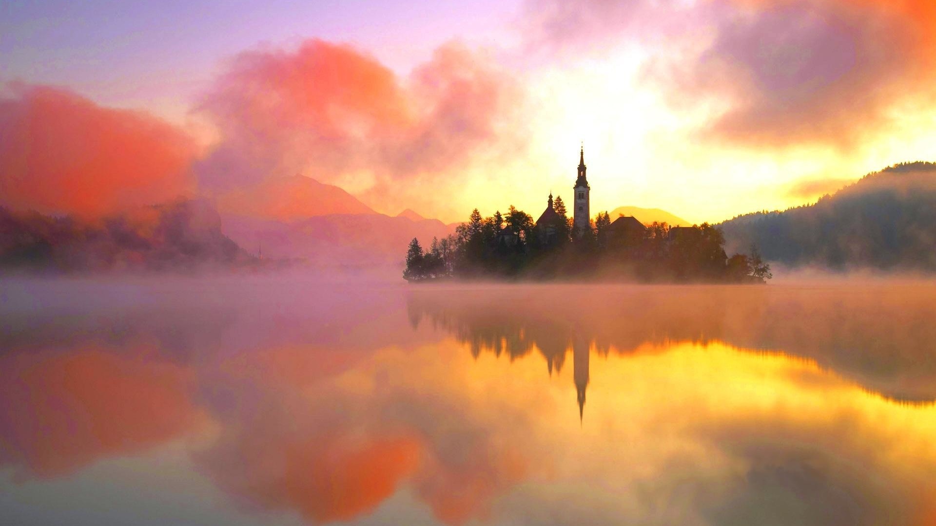 beauty, island, nature, fog, heat, lake, water, tower, lake bled, orange