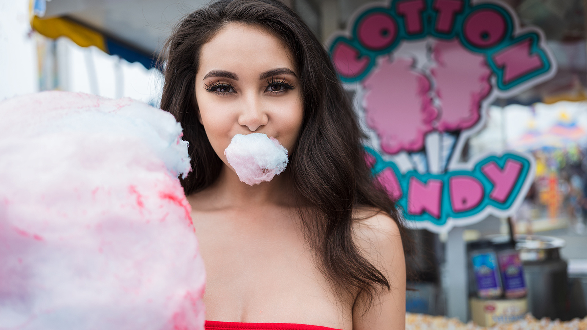 women, portrait, cotton candy, face, brunette, bare shoulders, smiling, popcorn, fair