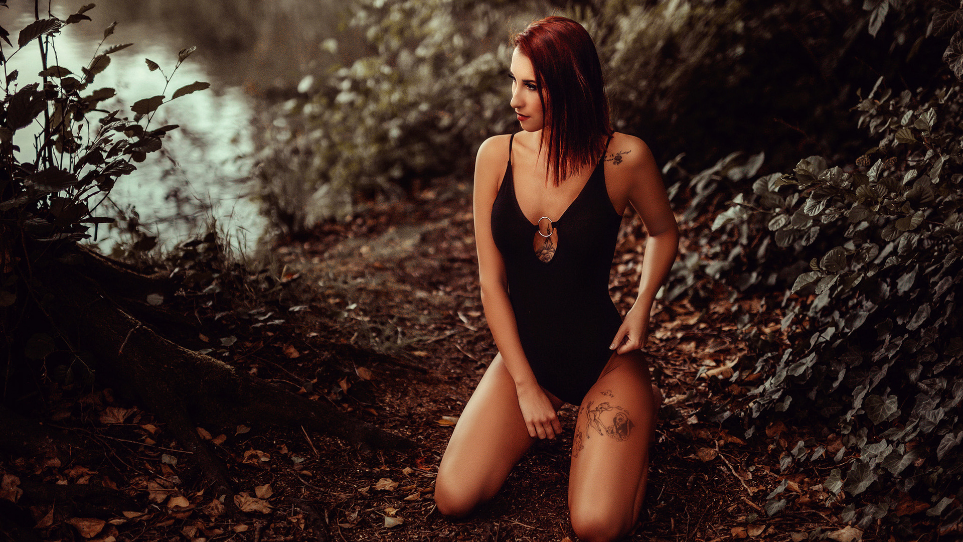 women, river, tanned, tattoo, kneeling, one-piece swimsuit, leaves, redhead