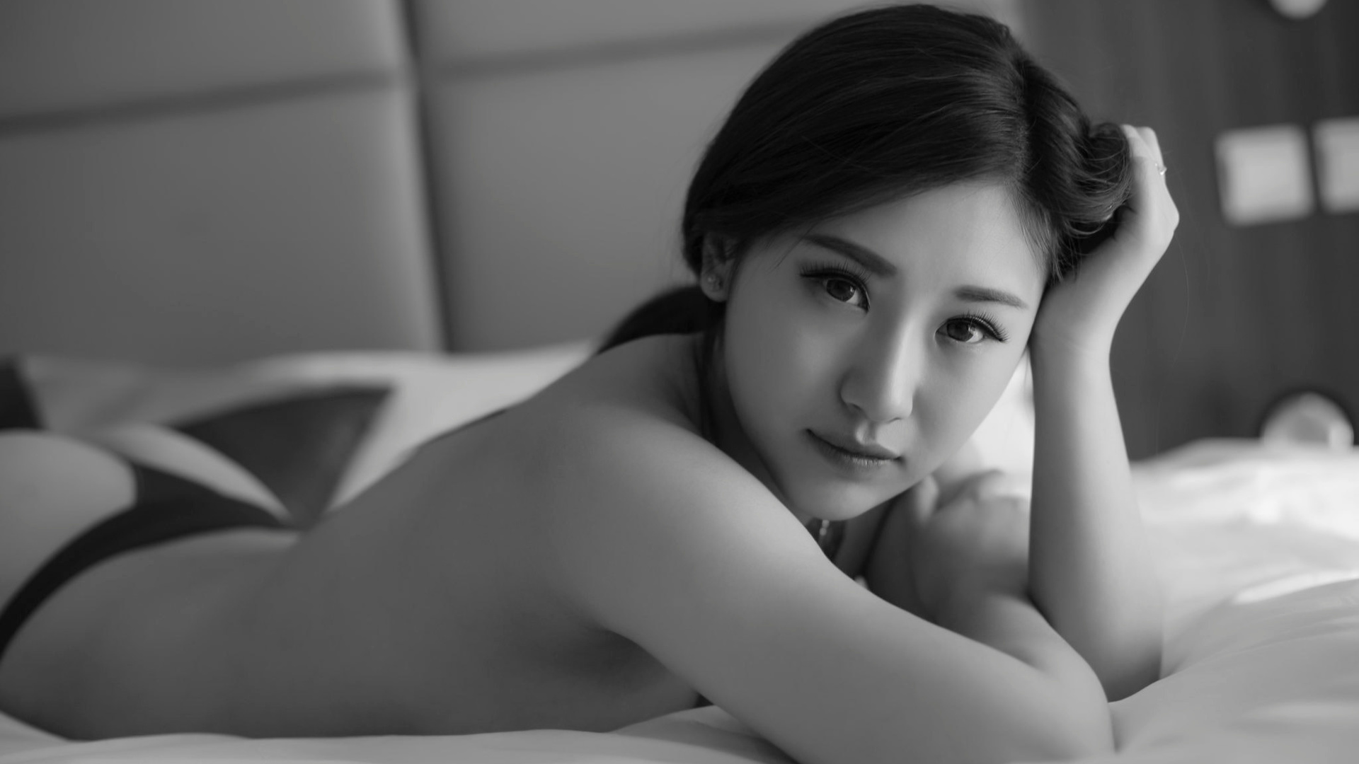 women, asian, black panties, portrait, ass, monochrome, lying on front, in bed