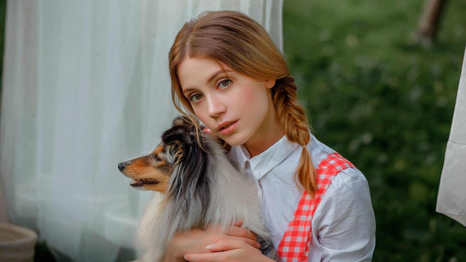 women, ksenia kokoreva, pigtails, portrait, blonde, dog, white dress, white clothing, women outdoors