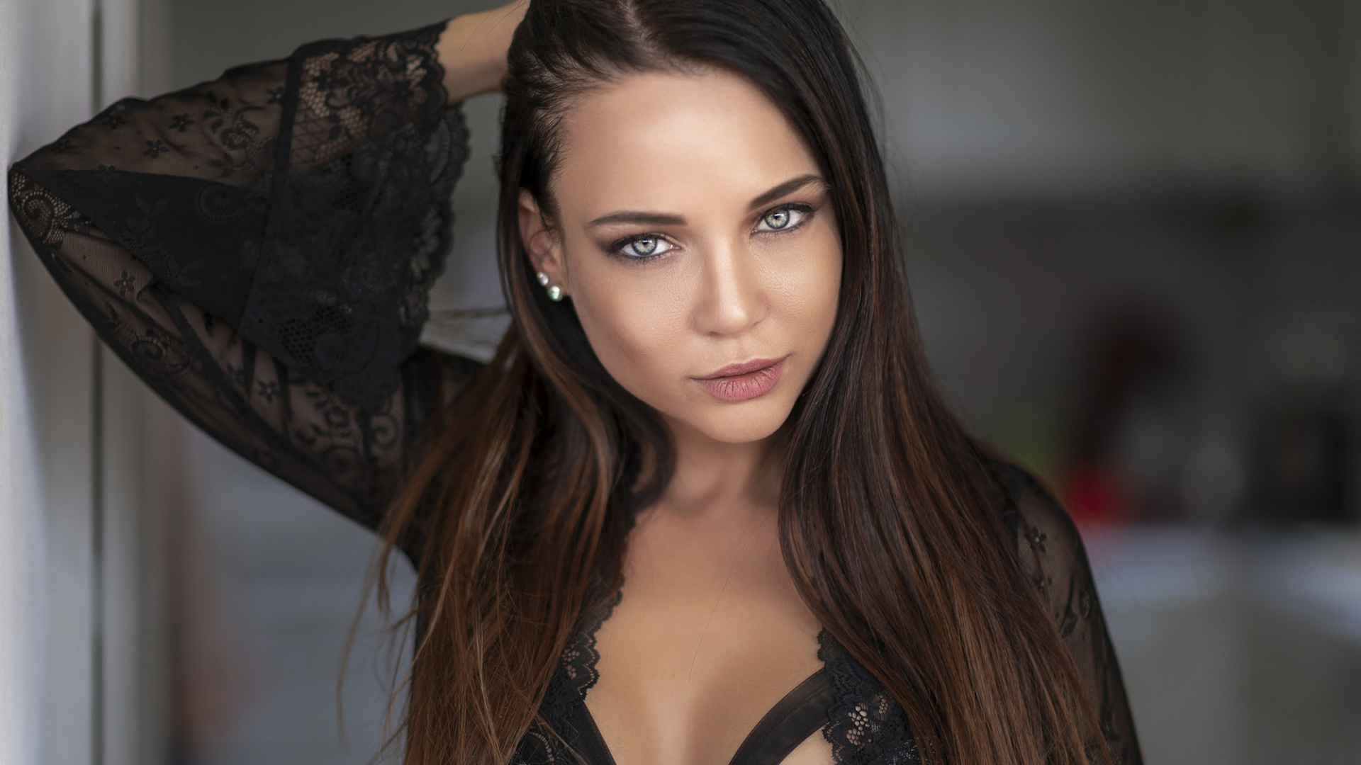 women, angelina petrova, portrait, black lingerie