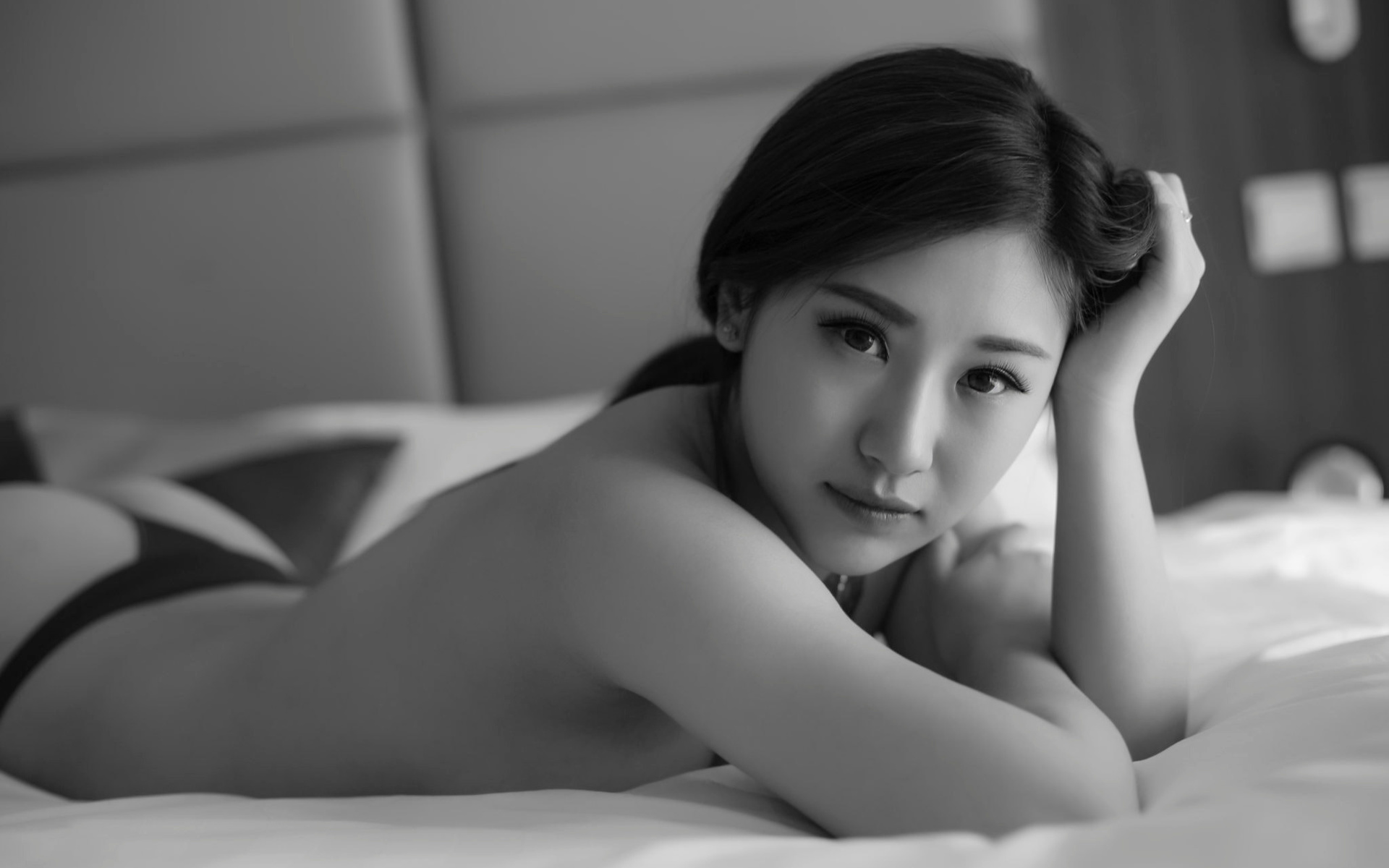 women, asian, black panties, portrait, ass, monochrome, lying on front, in bed