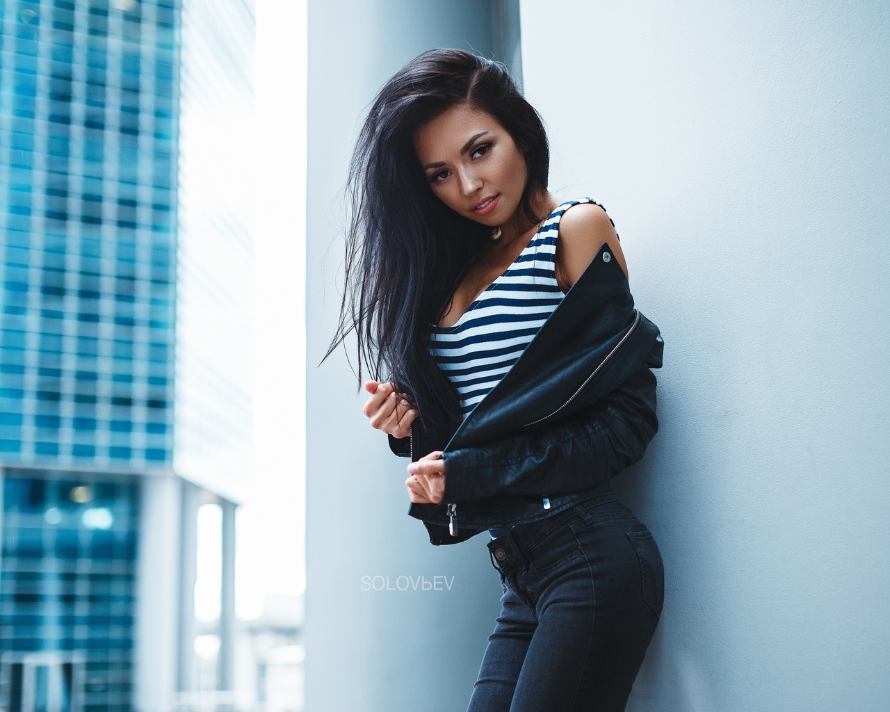 women, artem solovev, katya meshchankina, tanned, portrait, jeans, smiling, leather jackets, one-piece swimsuit