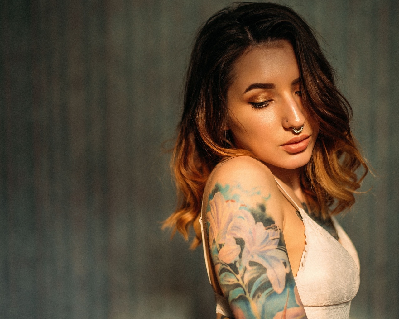 women, portrait, tattoo, dyed hair, pierced nose, wall