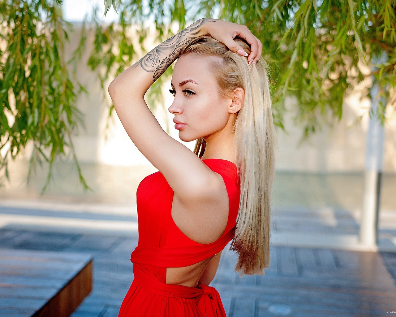 women, portrait, tattoo, red dress, long hair, women outdoors, looking away