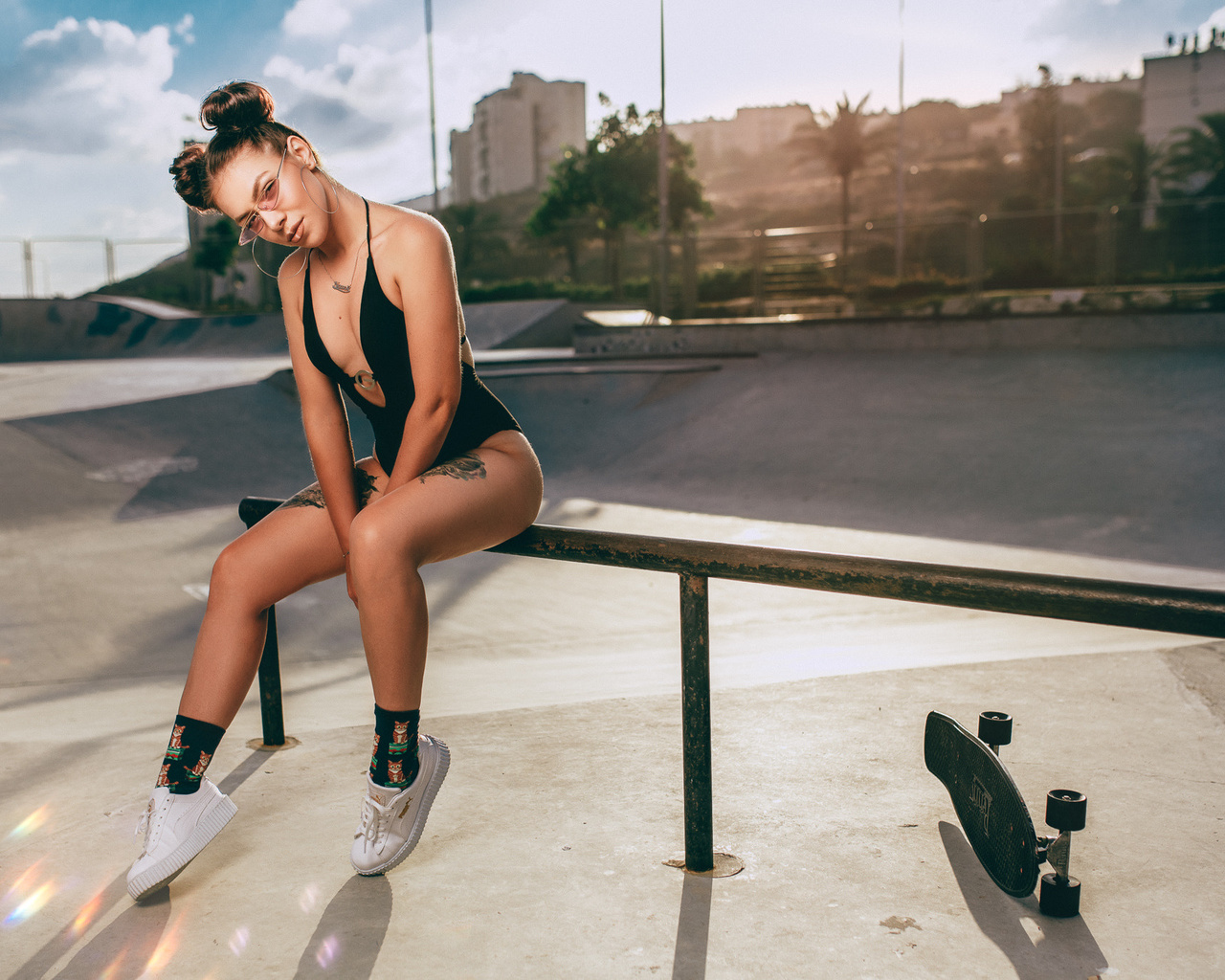 women, hairbun, tanned, socks, tattoo, women with glasses, one-piece swimsuit, sneakers, skateboard, sitting, women outdoors, , dan kovler