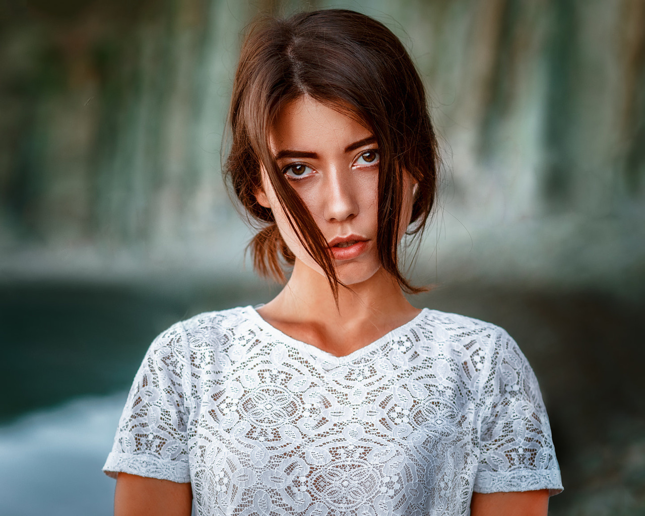 women, face, portrait, depth of field, hair in face