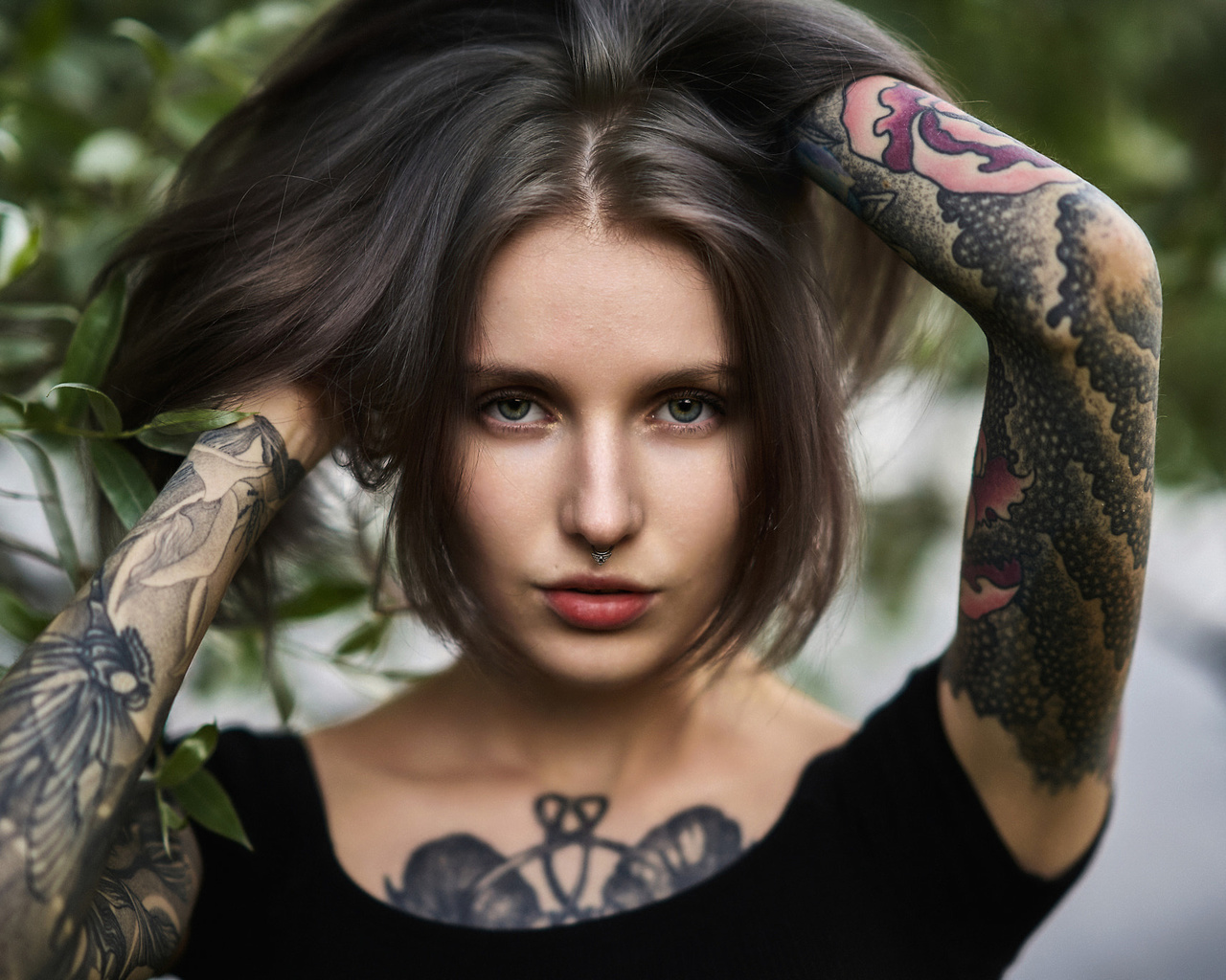 women, face, portrait, tattoo, inked girls, green eyes, , 