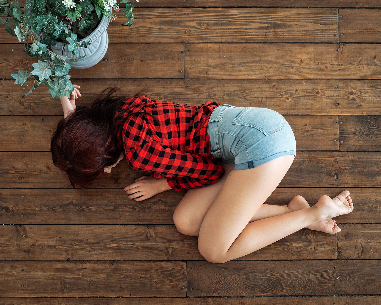 women, plaid shirt, brunette, jean shorts, on the floor, top view, wooden surface, plants