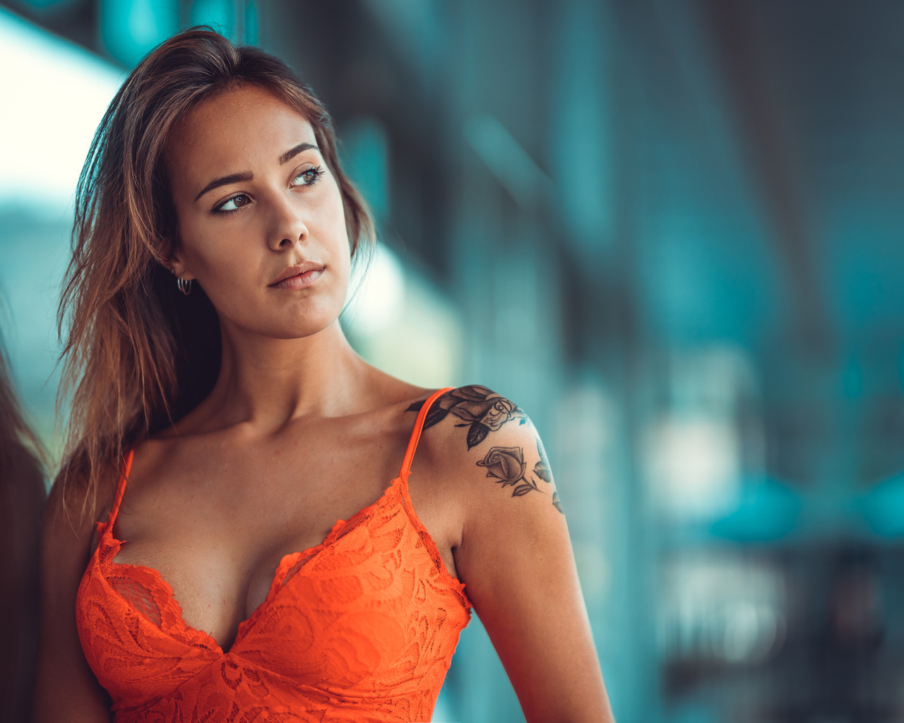 women, tanned, orange dress, tattoo, portrait, reflection, glass