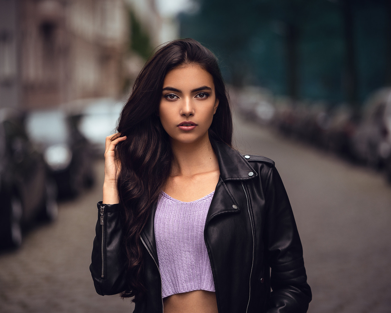 women, portrait, leather jackets, women outdoors, pink lipstick