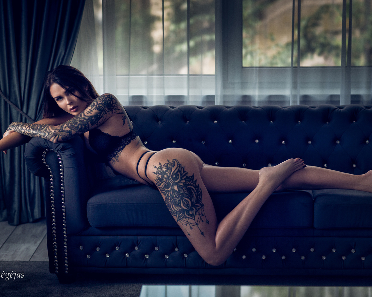 women, tattoo, couch, brunette, ass, black lingerie, lying on front, black nails