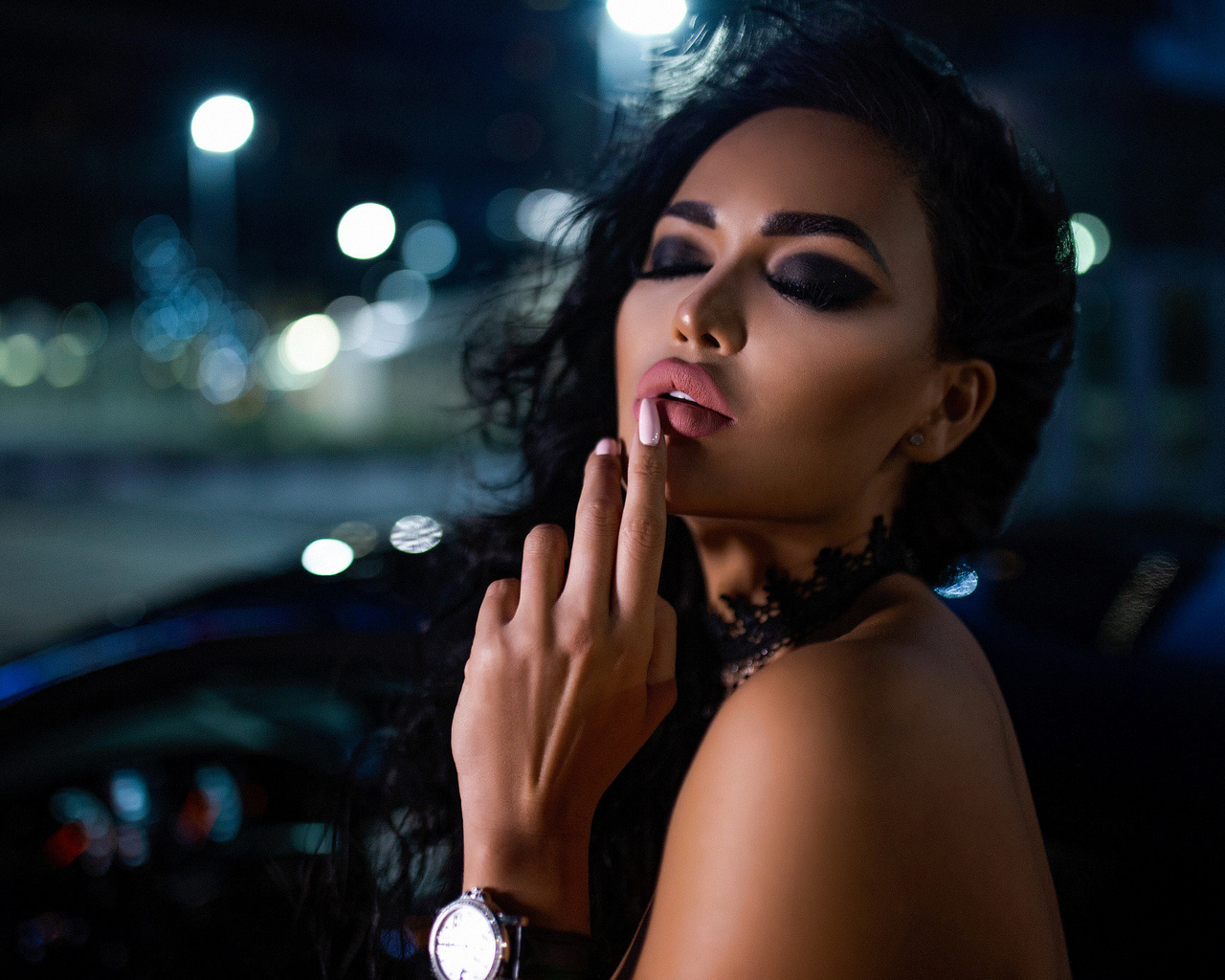 women, ivan gorokhov, tanned, women with cars, face, finger on lips, closed eyes, pink nails, juicy lips