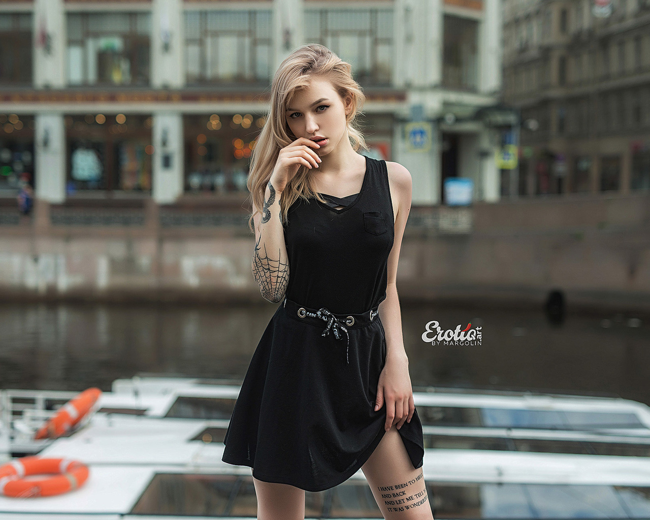 women, blonde, portrait, tattoo, black dress, river, finger on lips, brunette, women outdoors