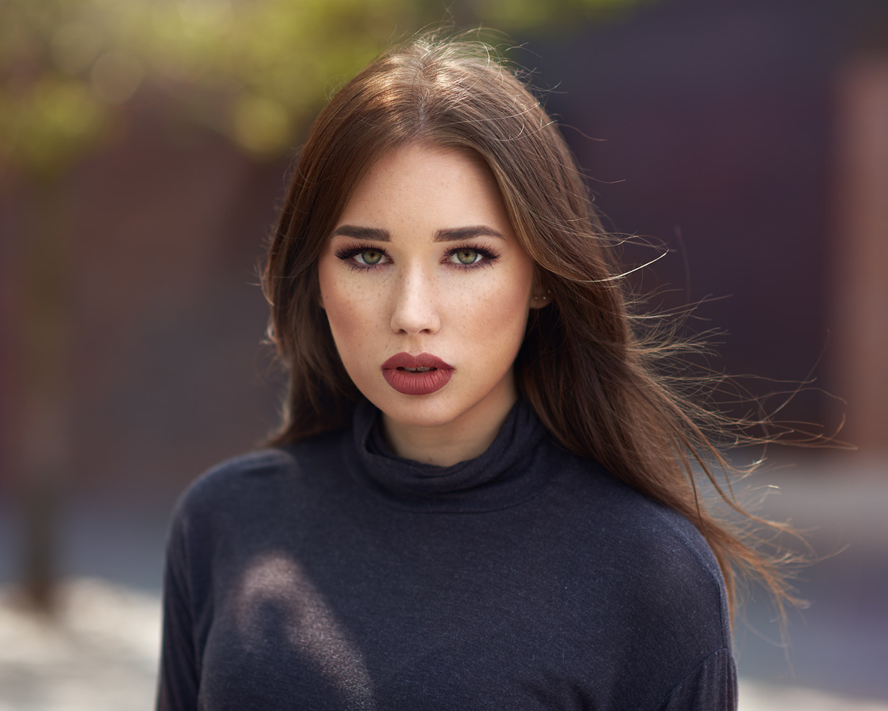 women, face, portrait, freckles, red lipstick