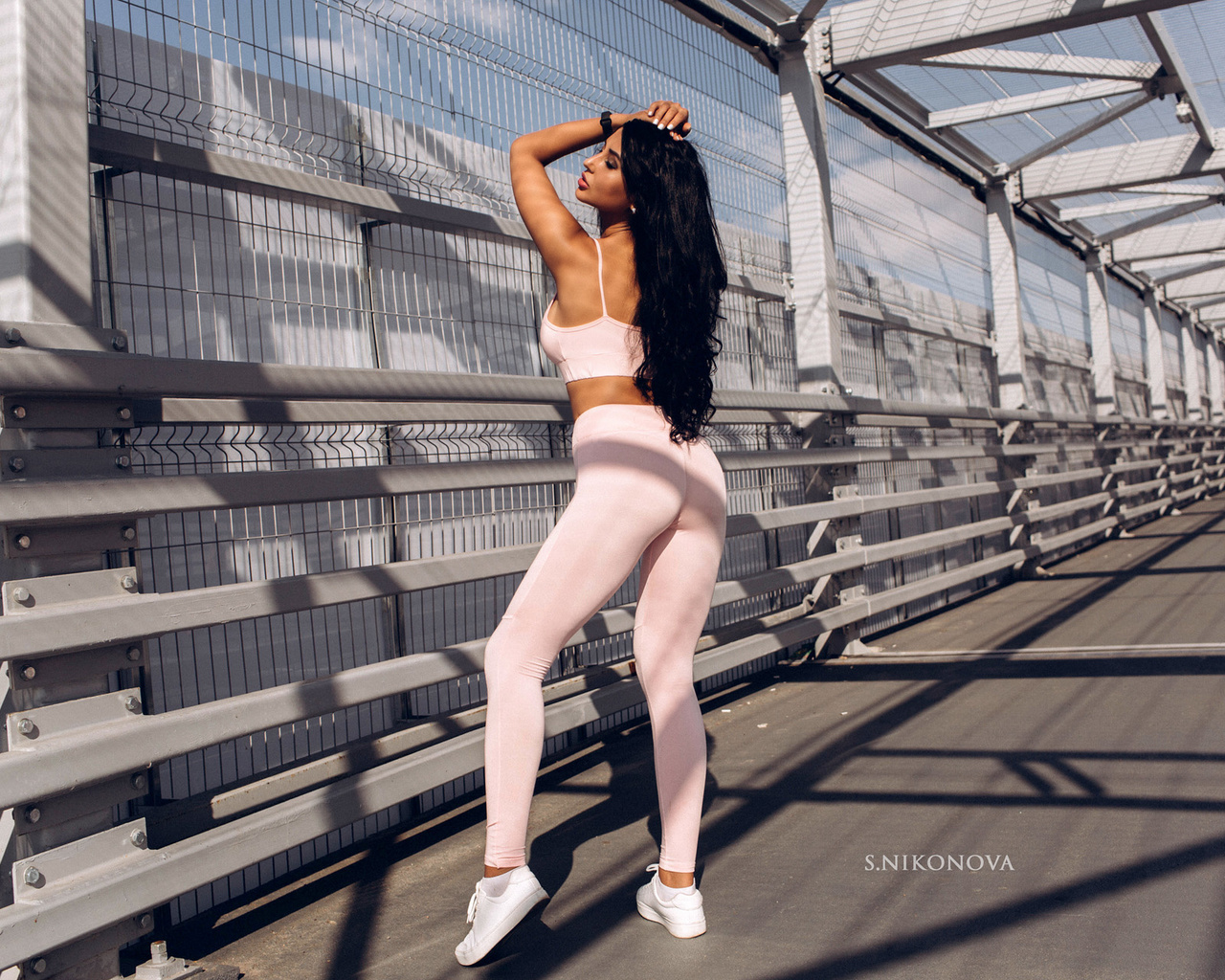 women, pink clothing, sneakers, long hair, white nails, sportswear, svetlana nikonova, socks, bridge