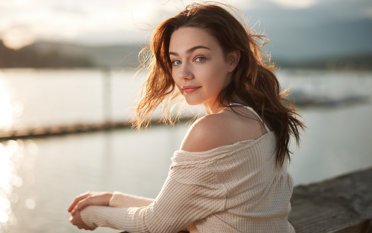 women, face, portrait, bare shoulders, smiling, depth of field, women outdoors