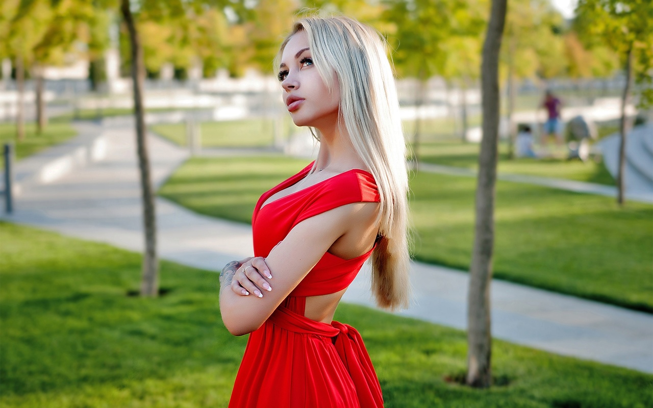 women, blonde, portrait, arms crossed, park, women outdoors, red dress