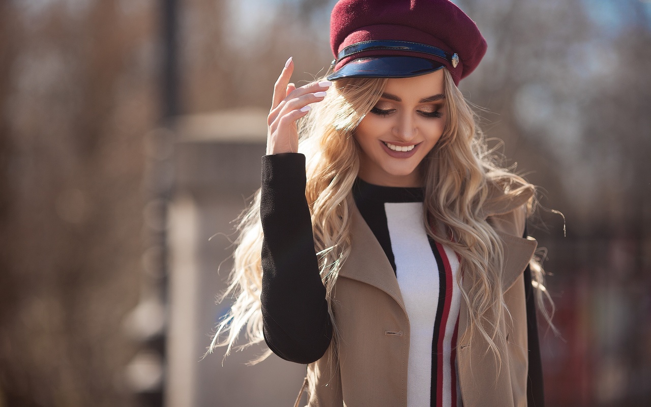 women, blonde, portrait, women outdoors, smiling, depth of field, white nails