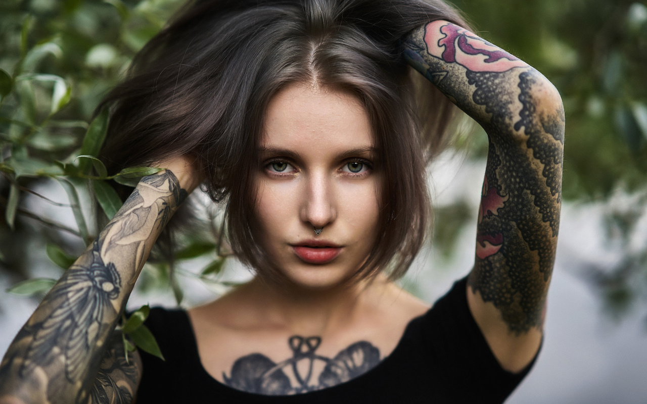 women, face, portrait, tattoo, inked girls, green eyes, , 