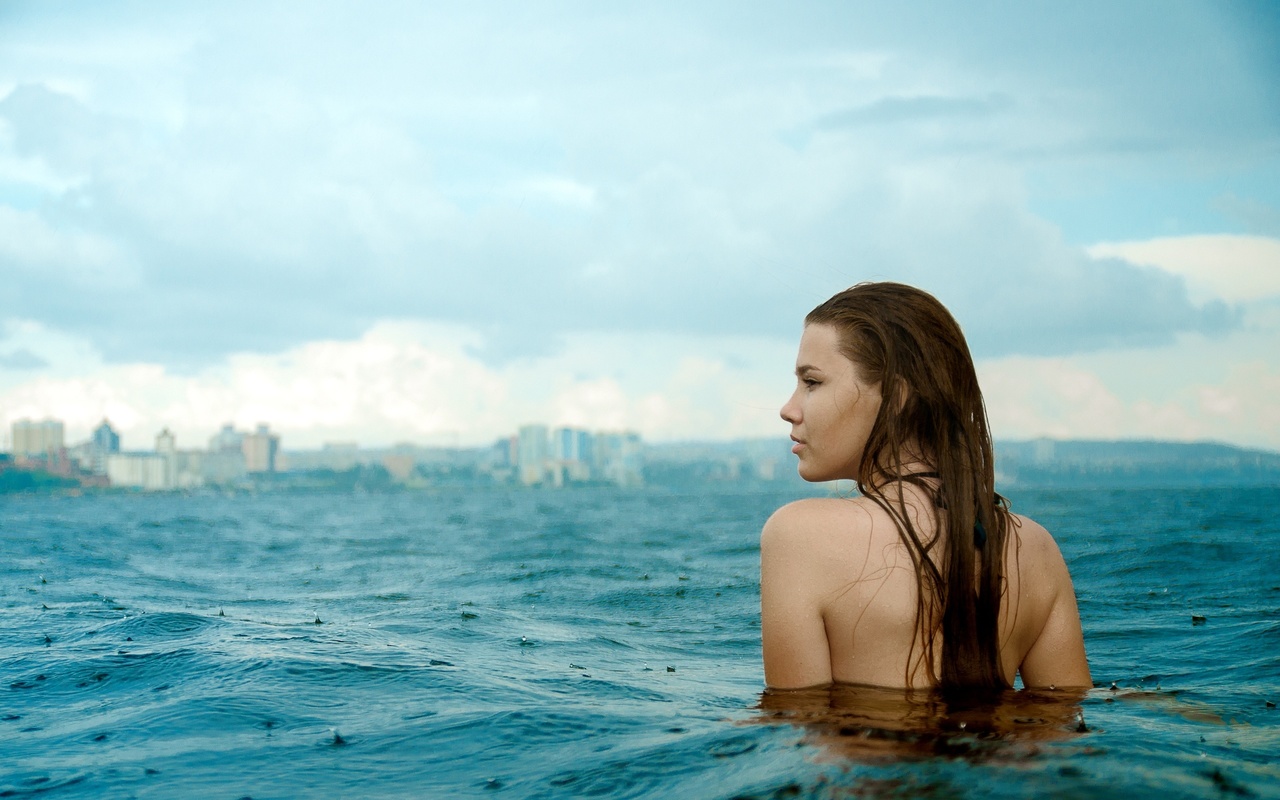 women, portrait, sea, women outdoors, looking away, water drops, wet hair, back, wet body