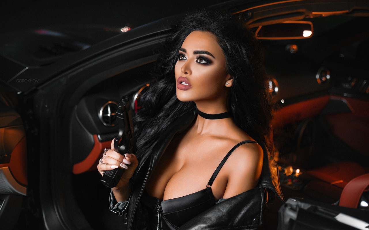 women, ivan gorokhov, tanned, gun, women with cars, leather jackets, black hair, choker, juicy lips, portrait