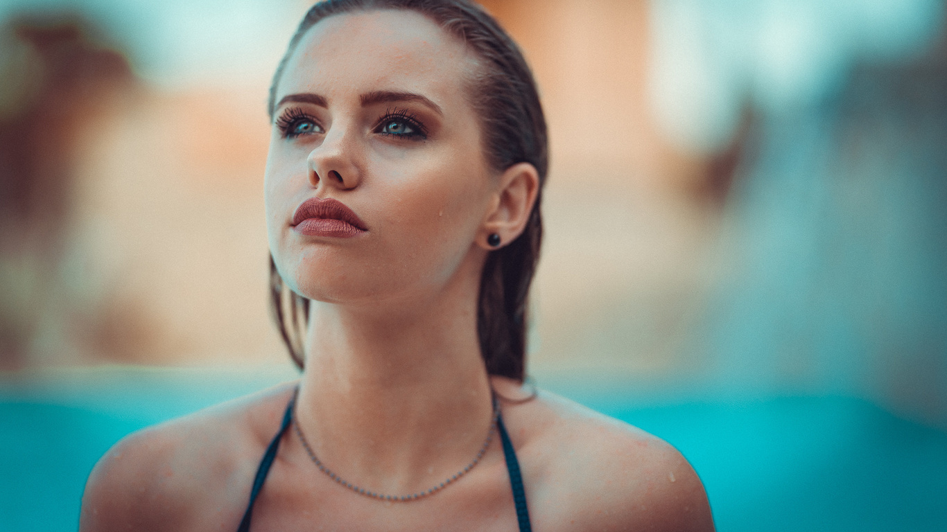 women, face, portrait, water drops, bare shoulders, wet hair