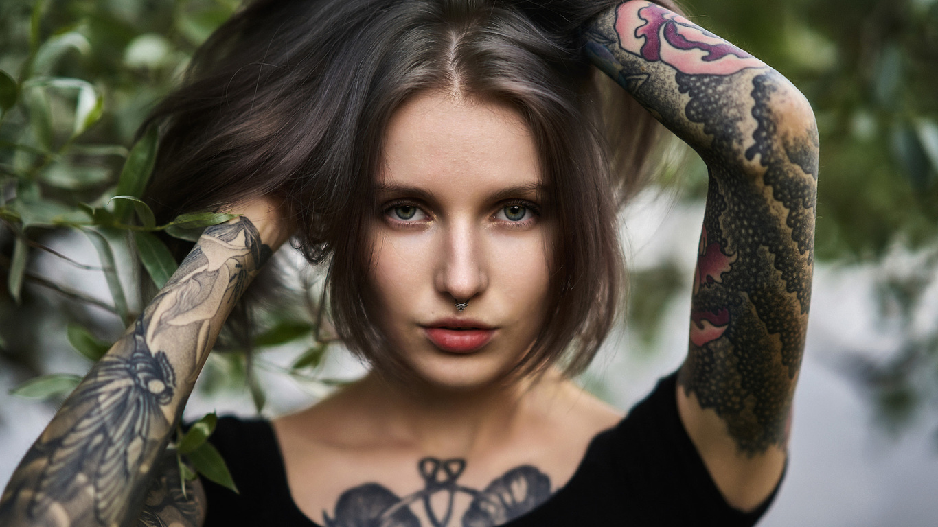 women, face, portrait, tattoo, inked girls, green eyes, , 