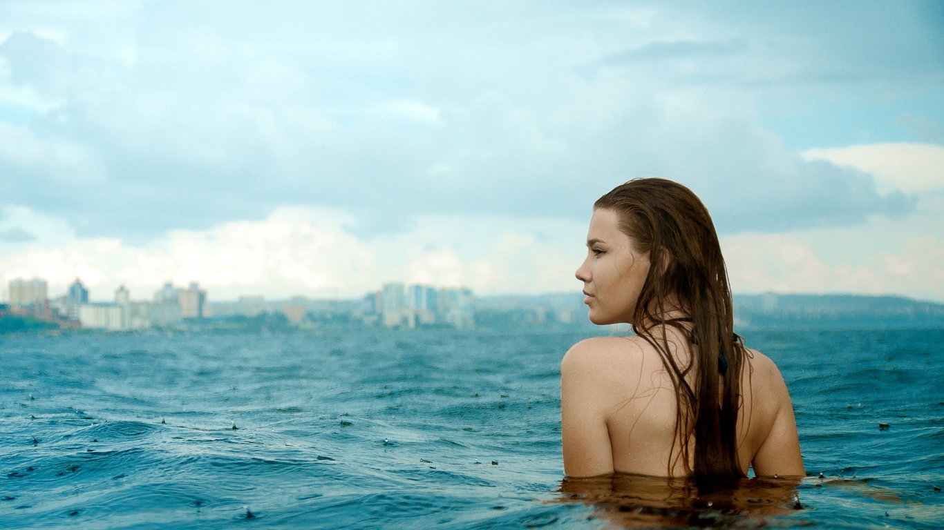 women, portrait, sea, women outdoors, looking away, water drops, wet hair, back, wet body