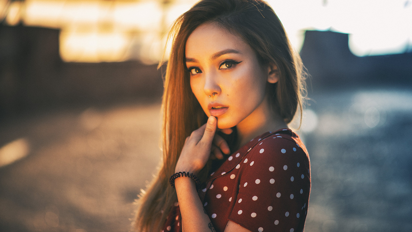 women, polka dots, face, portrait, nose ring, finger on lips, women outdoors, eyeliner, tattoo